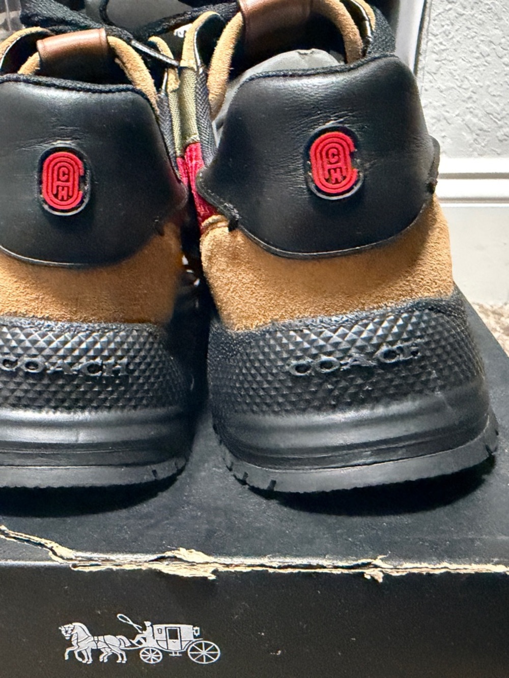 Coach Brown Suede and Black Leather Sneakers with Red Logo Accent